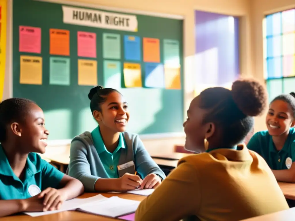 Estimulante debate sobre derechos humanos en el aula, con estudiantes comprometidos y materiales educativos coloridos