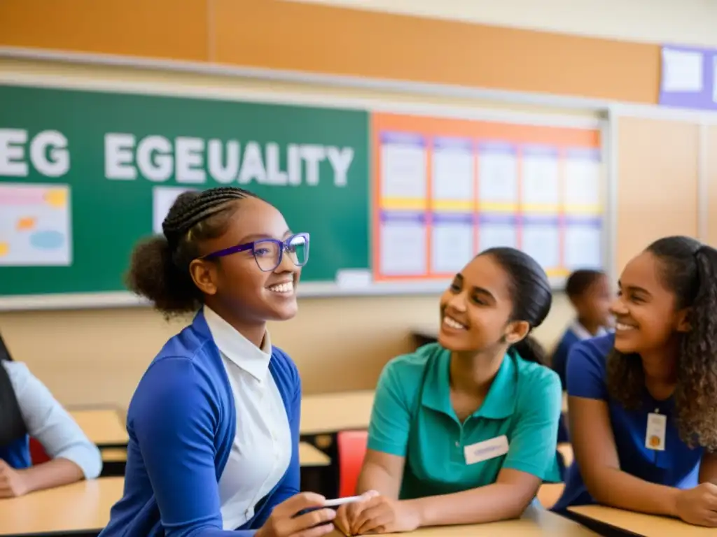 Estudiante lidera experimento científico con apoyo de compañeros diversos en aula inclusiva, desafiando estereotipos de género en educación