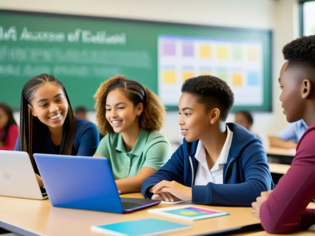 Estudiantes diversos participan en actividad educativa con tecnología, reflejando el impacto de las TIC en la educación