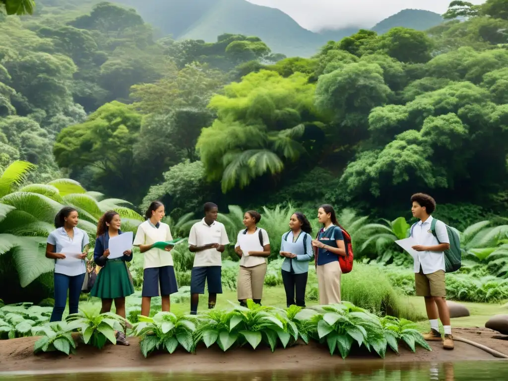 Estudiantes participan en educación ambiental como derecho humano, interactuando con la naturaleza y discutiendo temas ambientales con pasión