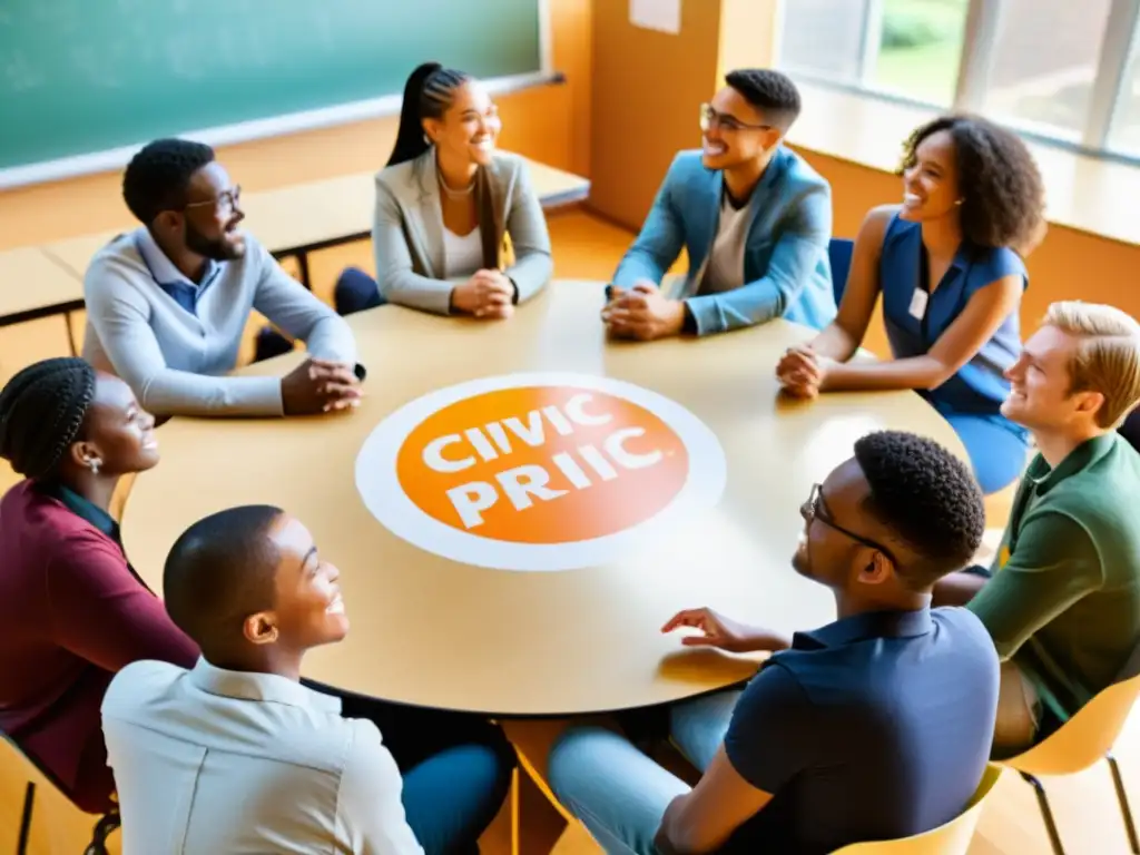 Estudiantes en animada discusión sobre la importancia de la educación cívica en un aula moderna y acogedora