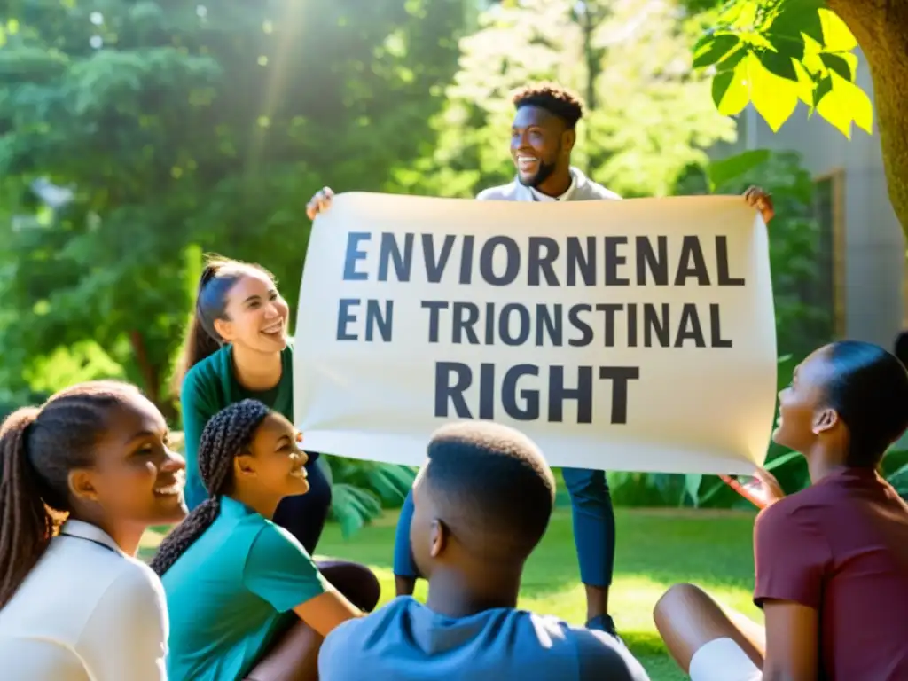 Estudiantes apasionados discuten educación ambiental como derecho humano en un círculo al aire libre, rodeados de árboles y luz solar filtrada