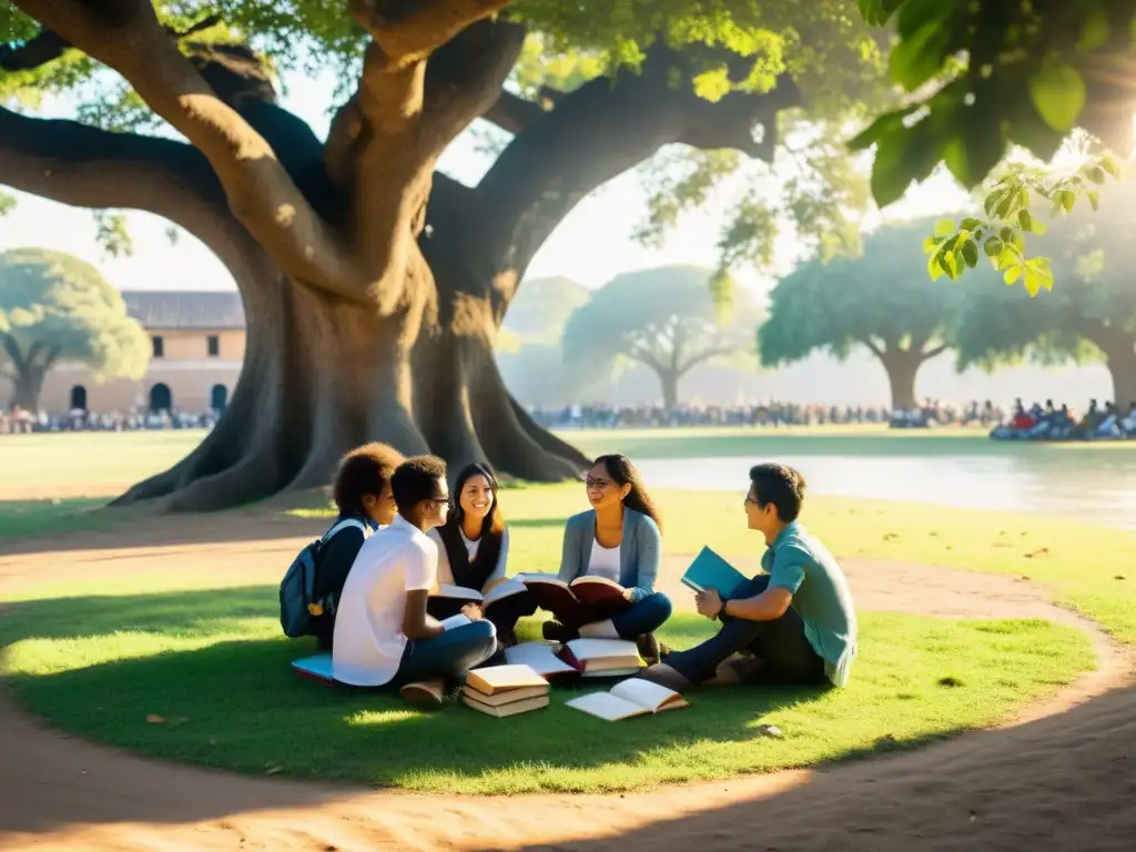 Estudiantes diversos debatiendo bajo árbol Estudiantes diversos discuten bajo un árbol, con luz cálida filtrándose entre las hojas