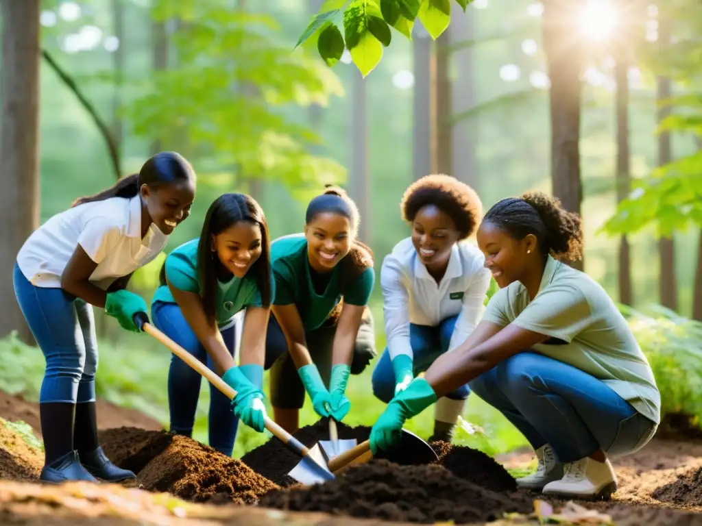 Estudiantes diversos plantando árboles en un bosque, expresando responsabilidades de educación ambiental y derechos humanos