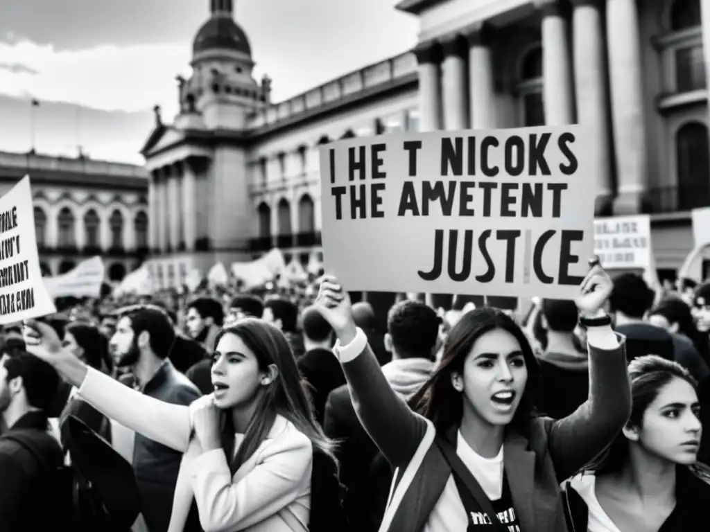 Estudiantes argentinos protestan por derechos humanos frente a edificio gubernamental en Buenos Aires, mostrando determinación y pasión