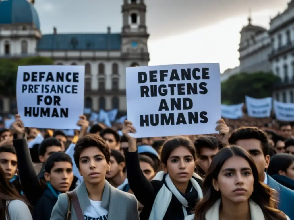 Estudiantes argentinos desafiantes en protesta por derechos humanos, La Noche de los Lápices, en una plaza oscura de represión