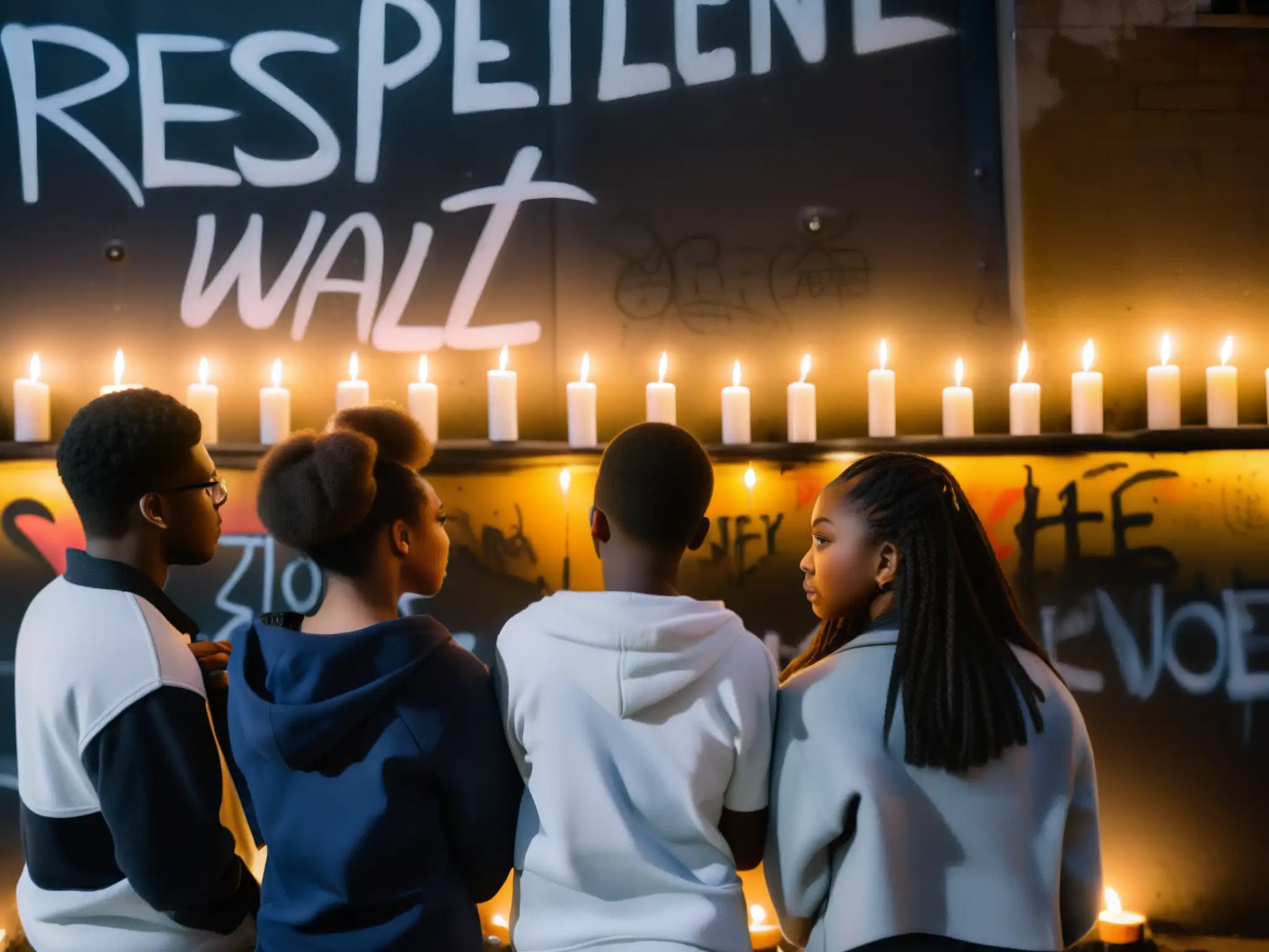 Estudiantes argentinos se unen en protesta contra la represión, sosteniendo velas y bolígrafos frente a un muro graffiteado