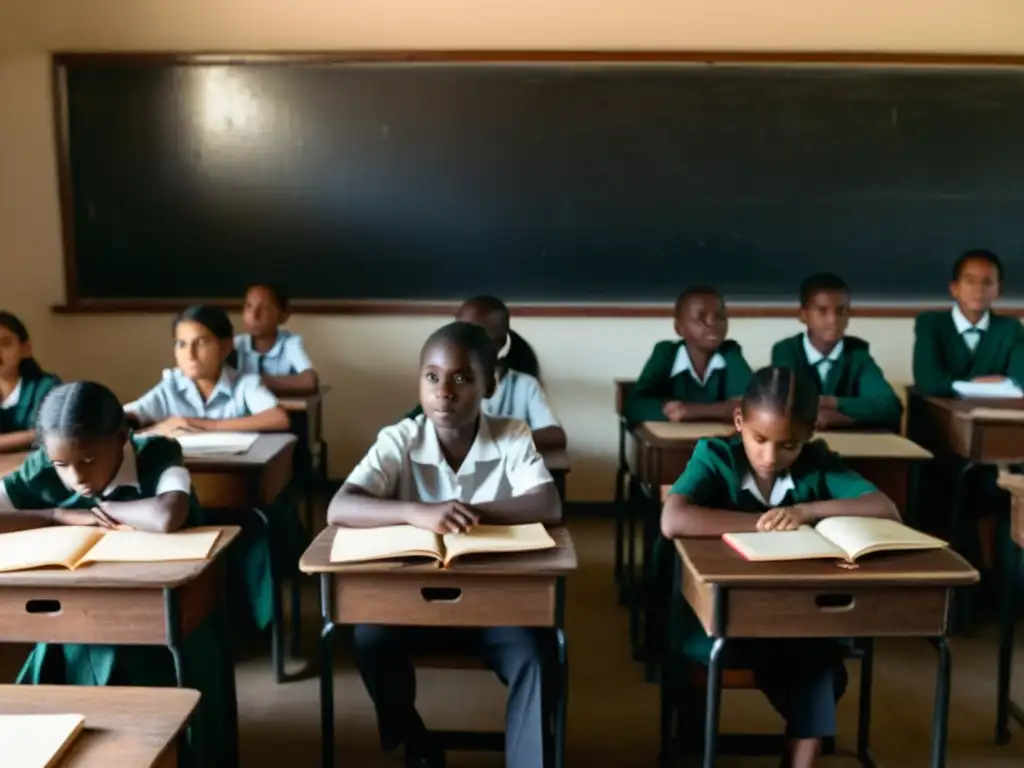 Estudiantes atentos escuchan la enseñanza de historia y literatura en un aula tenue