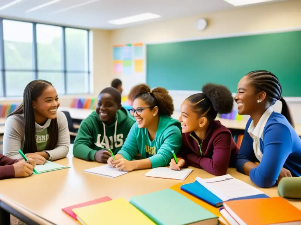 Estudiantes diversos colaboran en un aula iluminada, promoviendo la equidad educativa para reducir desigualdades
