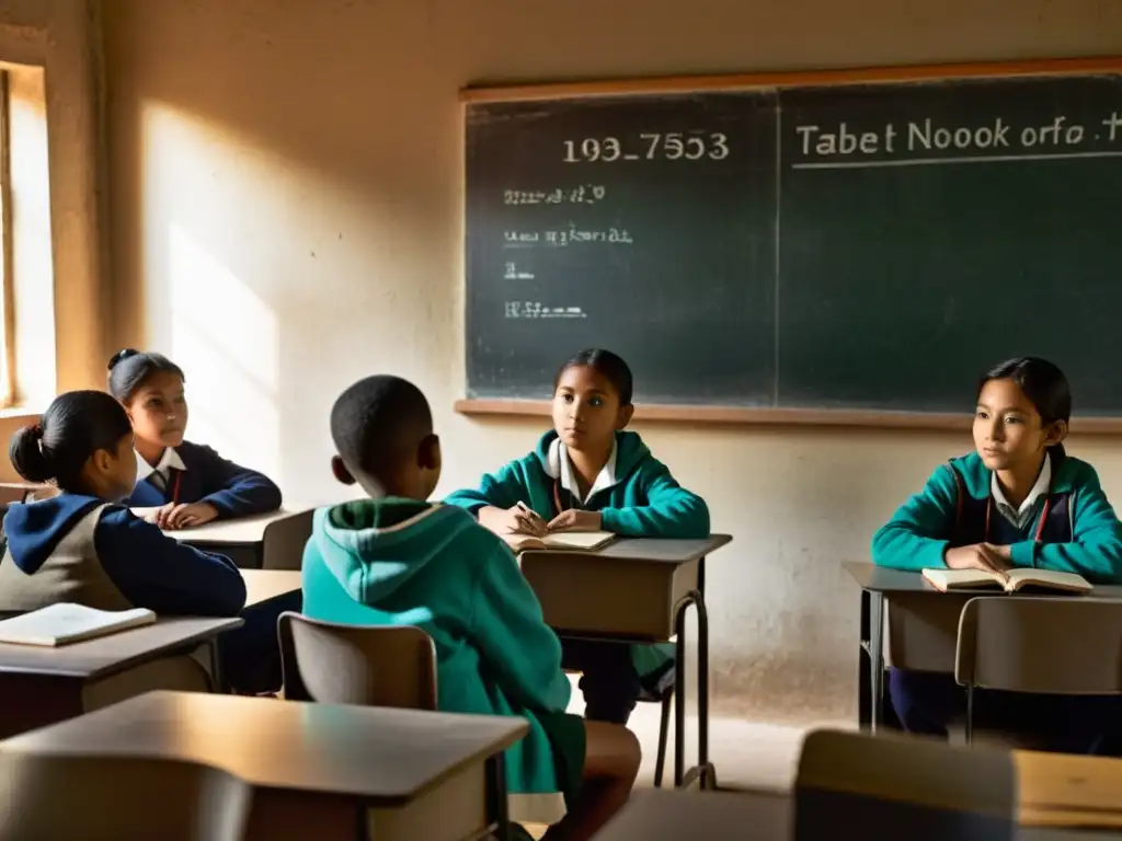 Estudiantes en aula iluminada por pantallas, usando tecnología educativa en regímenes restrictivos