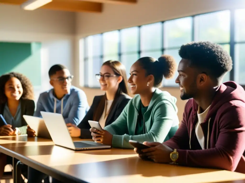 Estudiantes colaboran en aula inclusiva, usando dispositivos digitales