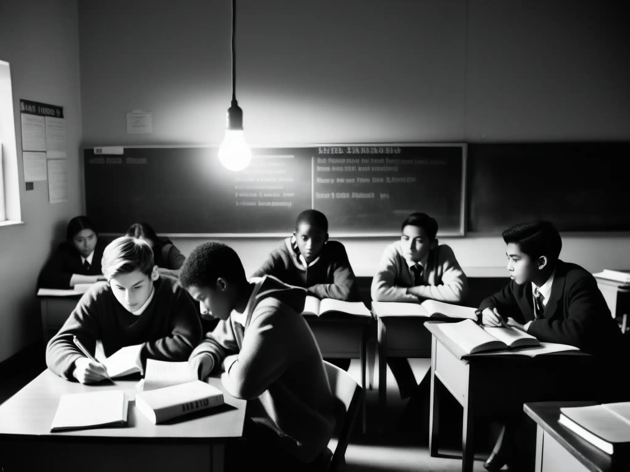 Estudiantes estudian en aula tenue, iluminados por una bombilla