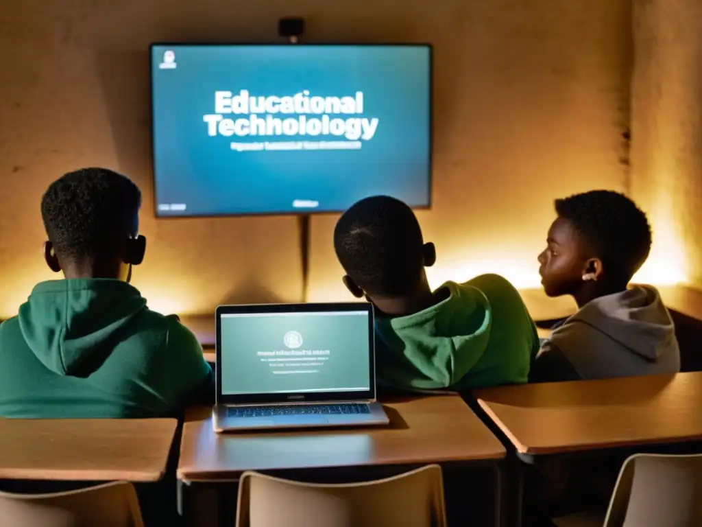 Estudiantes en aula tenue, usando tecnología educativa en regímenes restrictivos, mostrando determinación y resiliencia