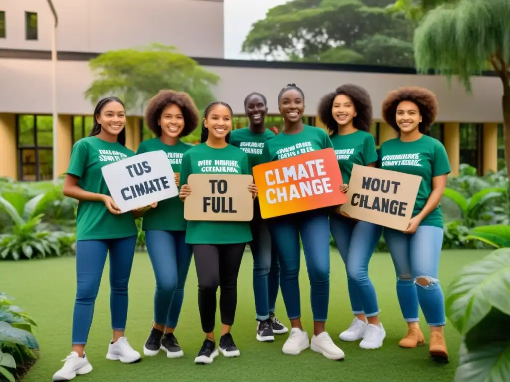 Estudiantes con camisetas de activismo ambiental sosteniendo letreros sobre cambio climático, frente a la escuela rodeada de vegetación