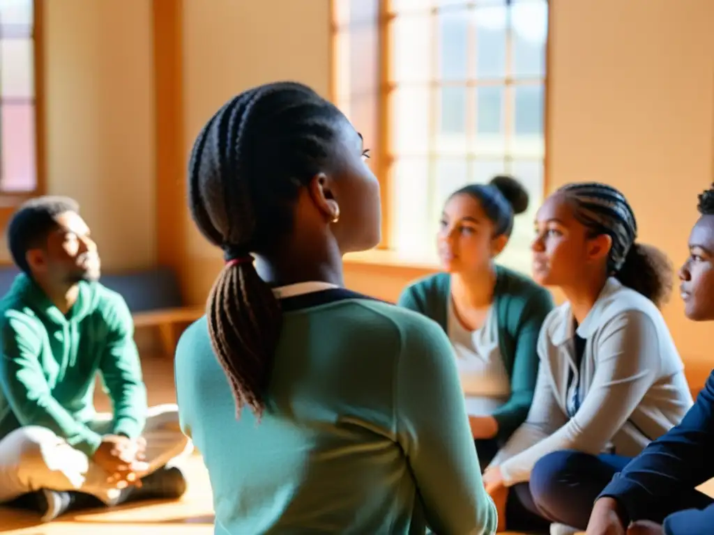 Estudiantes participan en un círculo de diálogo en programas educativos para prevención conflictos, fomentando la escucha y el respeto