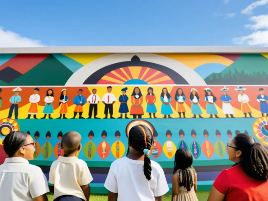 Estudiantes diversos disfrutan de una clase de historia indígena frente a un mural vibrante