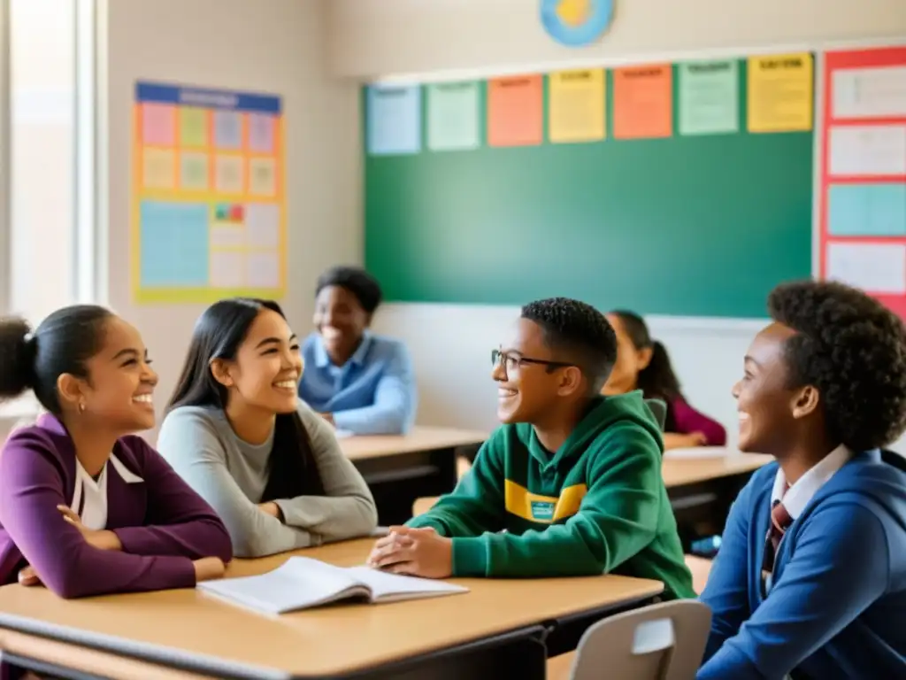 Estudiantes diversos participan activamente en una clase iluminada, fomentando la igualdad en la educación