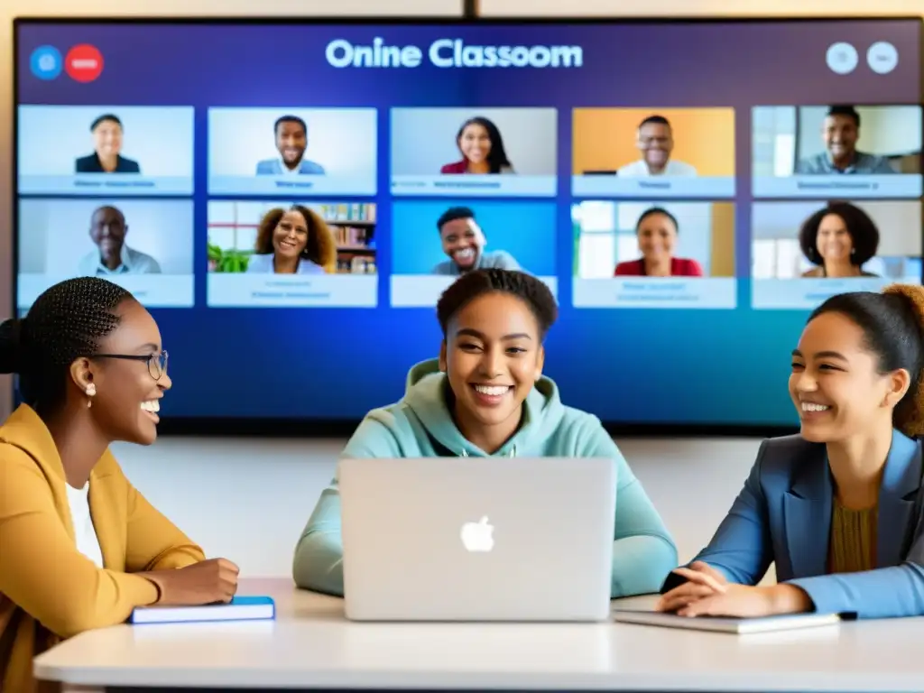 Estudiantes diversos participando en clase virtual, promoviendo el impacto de la educación global en los derechos humanos