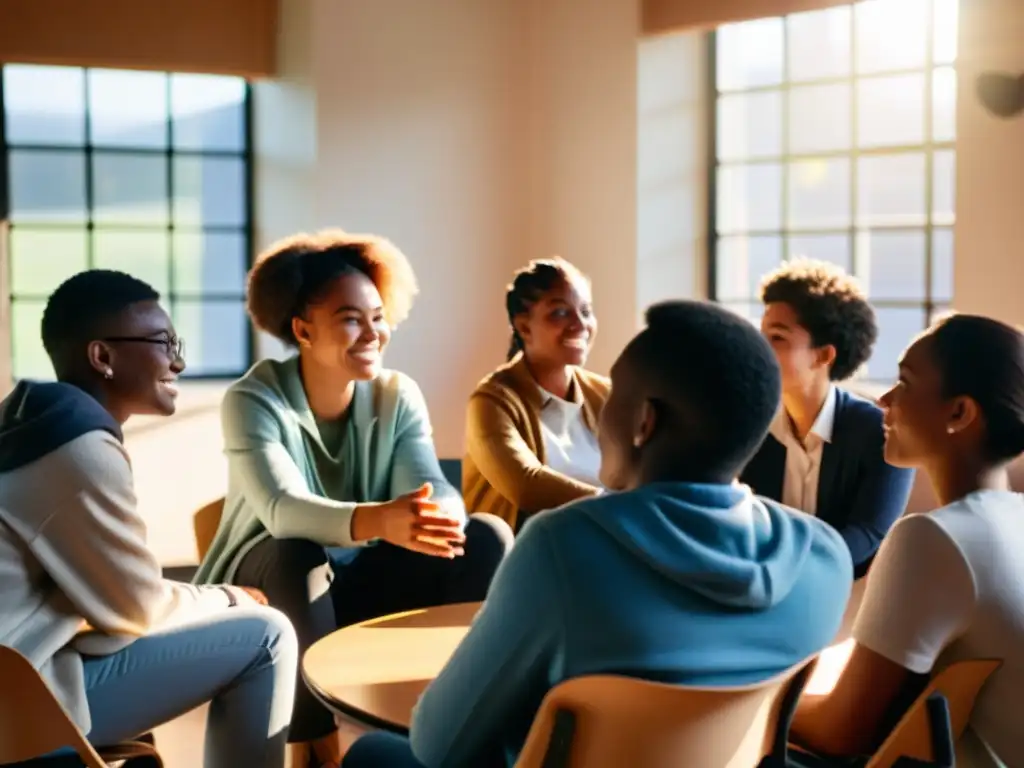 Estudiantes comprometidos discutiendo sobre educación en derechos humanos currículos escolares en un aula iluminada por la luz del sol