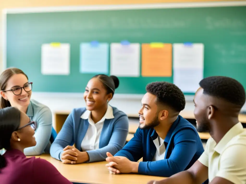 Estudiantes comprometidos en una discusión animada en un aula, reflejando innovaciones educativas y derechos humanos