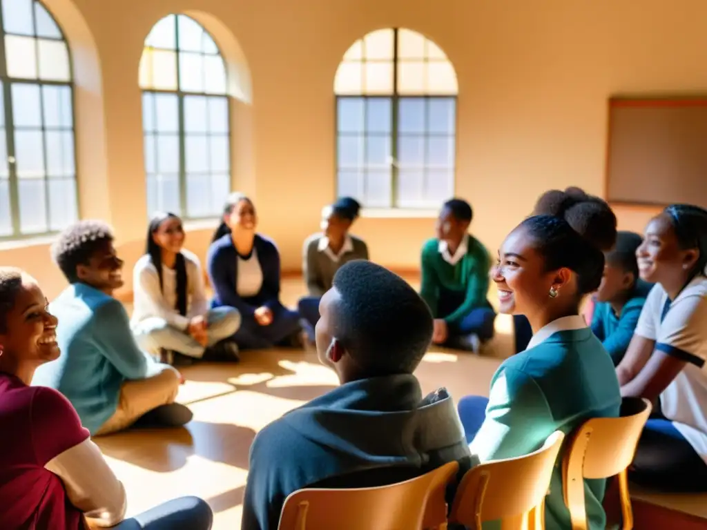 Estudiantes comprometidos en una discusión sobre derechos humanos, creando un ambiente de aprendizaje inclusivo