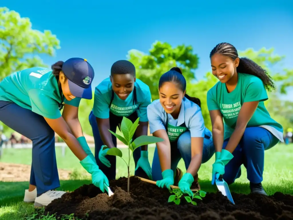 Estudiantes comprometidos en proyecto de conservación ambiental, plantando árboles y limpiando un parque local