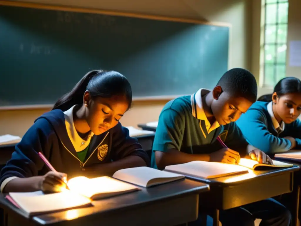 Estudiantes concentrados en un aula tenue, iluminados por un rayo de luz