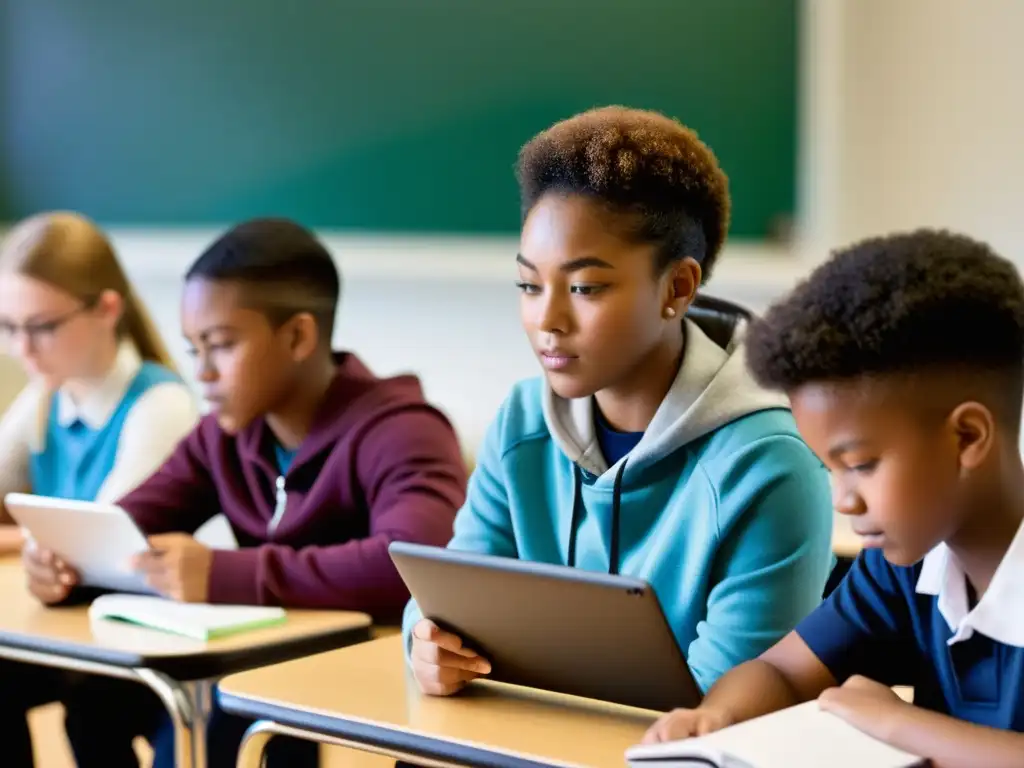 Estudiantes diversos concentrados en usar dispositivos digitales en aula semicircular iluminada