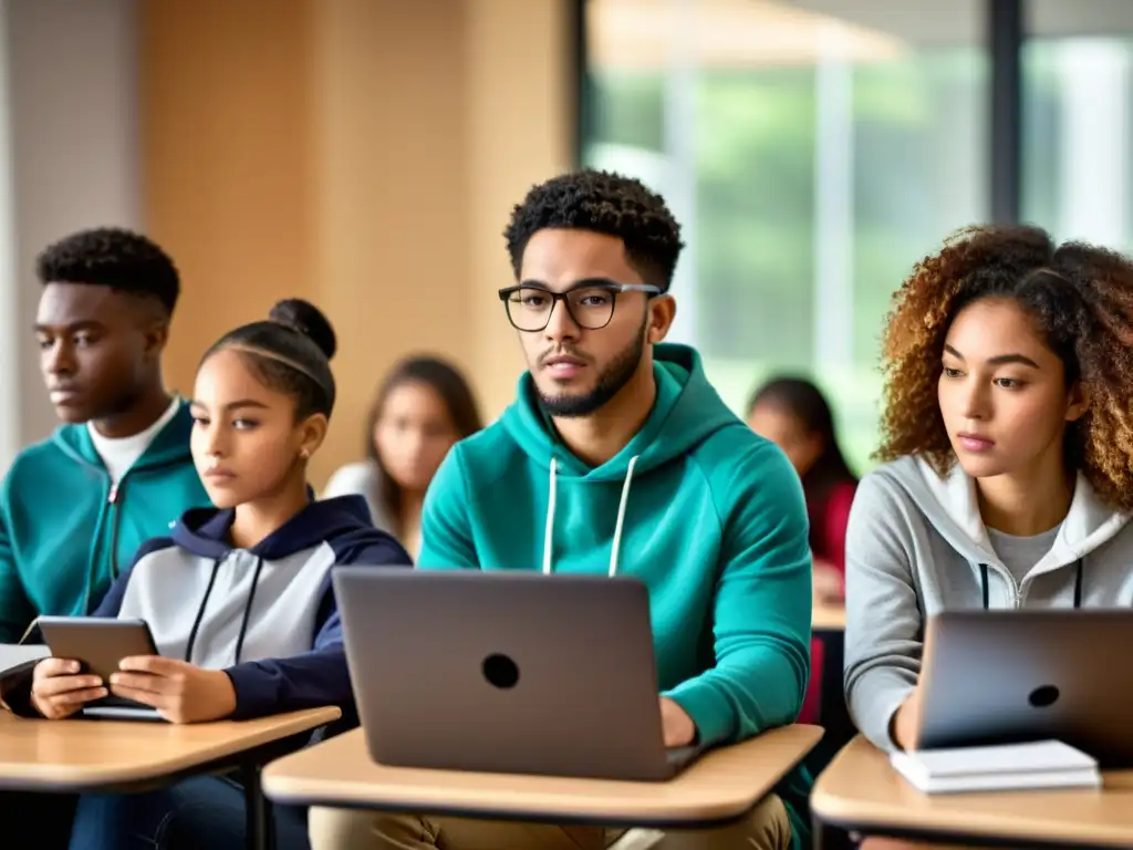 Estudiantes concentrados en laptops y tablets en el aula, reflejando la importancia de la privacidad en la educación digital