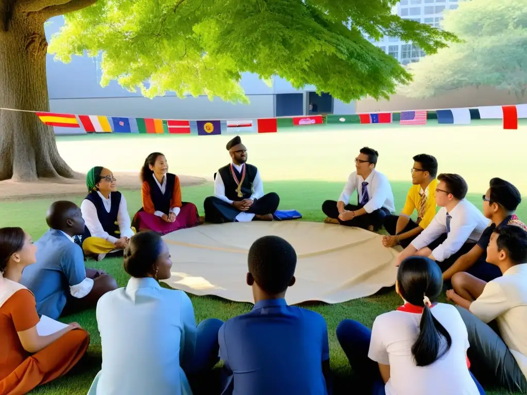 Estudiantes de diferentes culturas debaten bajo un árbol, rodeados de banderas del mundo