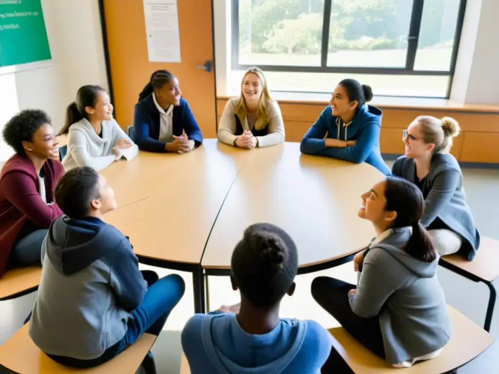 Estudiantes de diversas culturas discuten arte y derechos humanos en un aula con luz natural