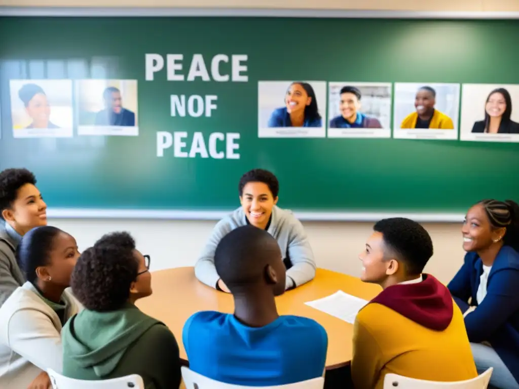 Estudiantes de diversas culturas discuten resolución de conflictos en un aula cálida y acogedora