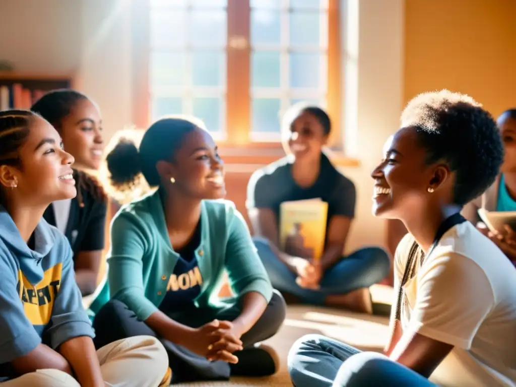 Estudiantes discutiendo apasionadamente sobre derechos humanos en un ambiente educativo inspirador