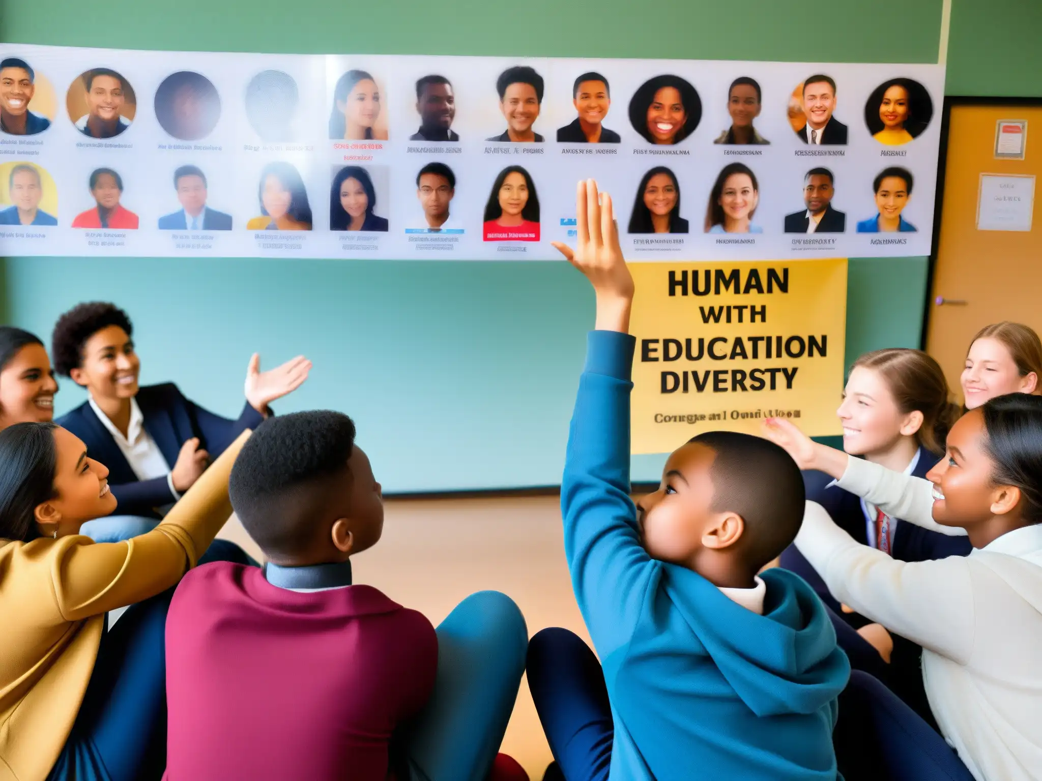 Estudiantes diversos discutiendo apasionadamente sobre educación en derechos humanos en un aula decorada con carteles de diversidad