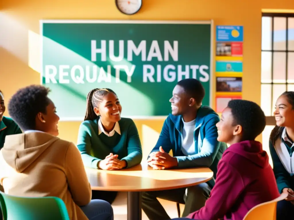 Estudiantes debatiendo sobre derechos humanos en un aula llena de luz natural y ambiente inclusivo