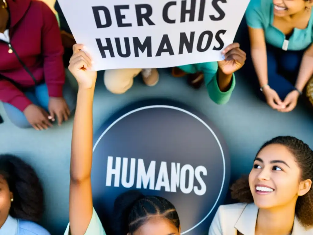 Estudiantes diversos discuten sobre derechos humanos en un aula multicultural