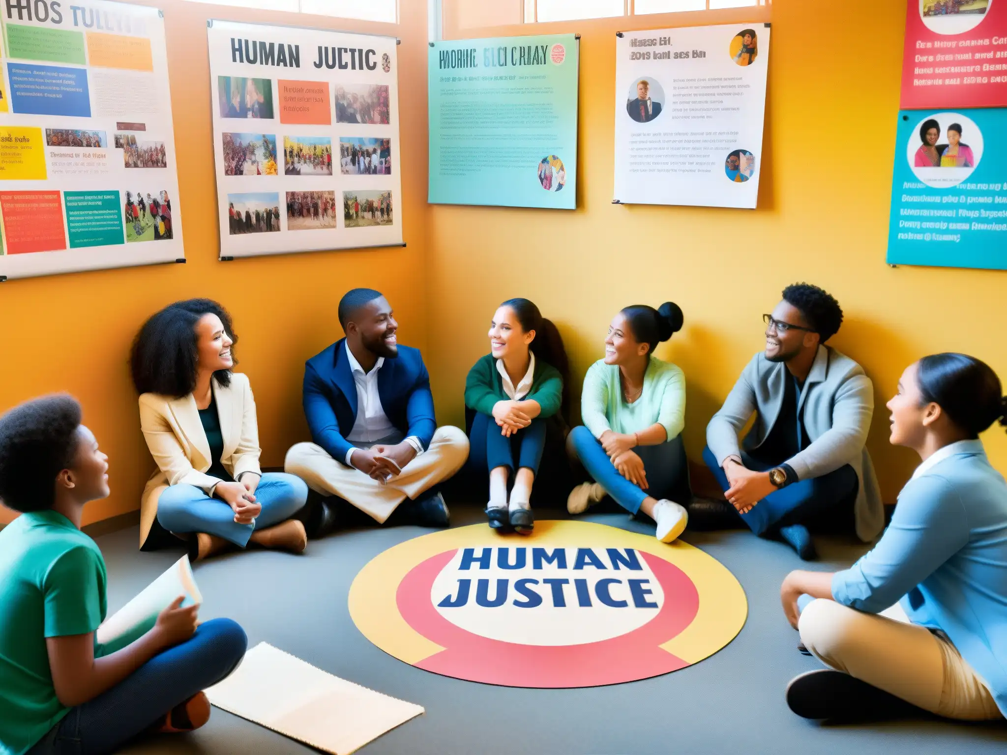 Estudiantes diversos discuten sobre derechos humanos y justicia social en aula iluminada