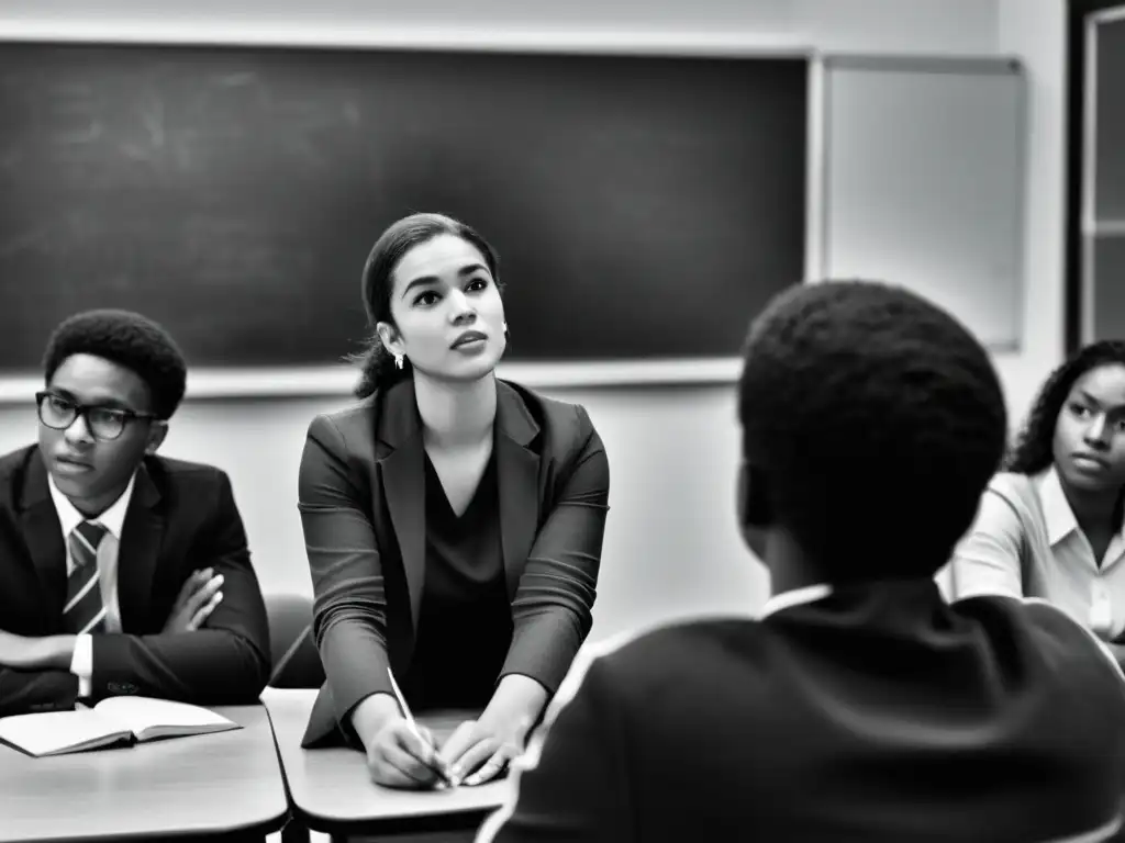 Estudiantes diversidad debatiendo sobre derechos humanos con maestro