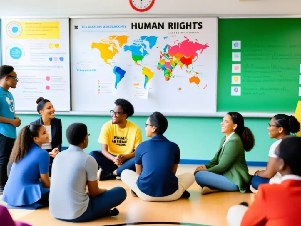 Estudiantes diversos participan en dinámica discusión sobre derechos humanos con metodologías innovadoras en aula iluminada y colorida