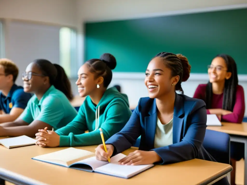 Estudiantes debatiendo sobre derechos humanos e integrando perspectiva de género en un aula moderna y vibrante