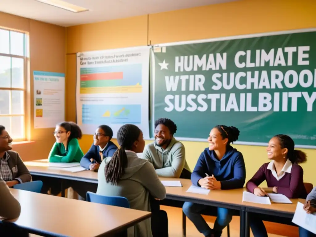 Estudiantes diversos discuten sobre derechos humanos y sostenibilidad en un aula iluminada, con atmósfera de colaboración y compromiso