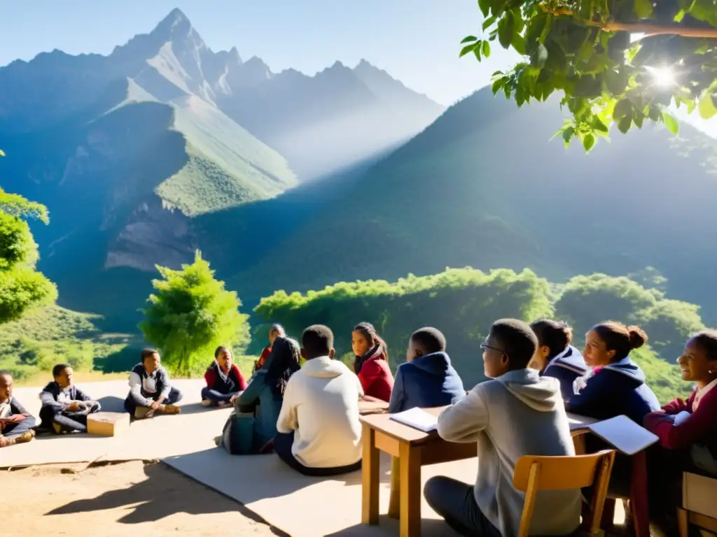 Estudiantes desplazados aprenden al aire libre rodeados de naturaleza, en un aula improvisada