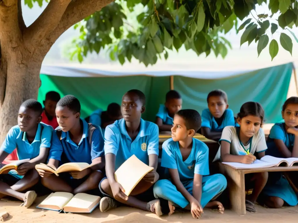 Estudiantes desplazados estudian bajo un árbol en un campamento de refugiados, mostrando determinación y resiliencia