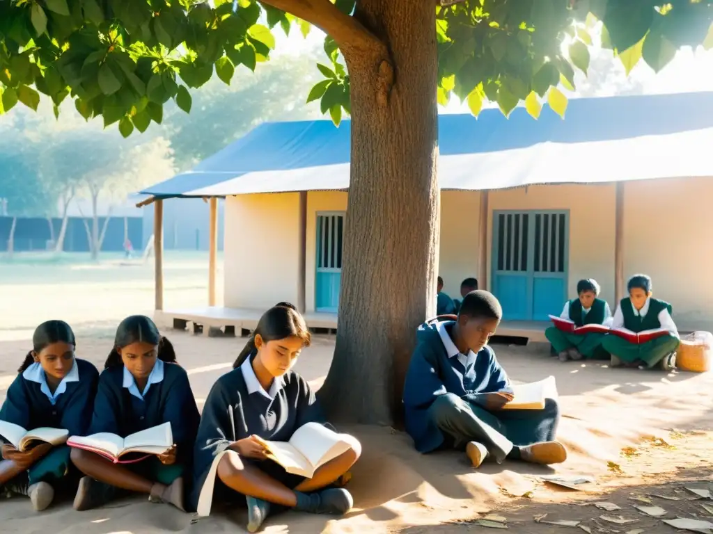 Estudiantes desplazados estudian bajo un árbol, rodeados de libros abiertos y tomando apuntes, en un aula improvisada