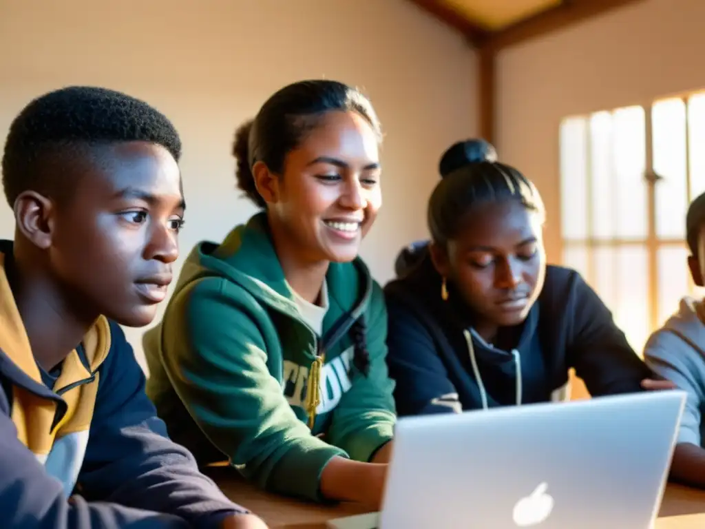 Estudiantes desplazados participan en un programa educativo a distancia en un refugio temporal