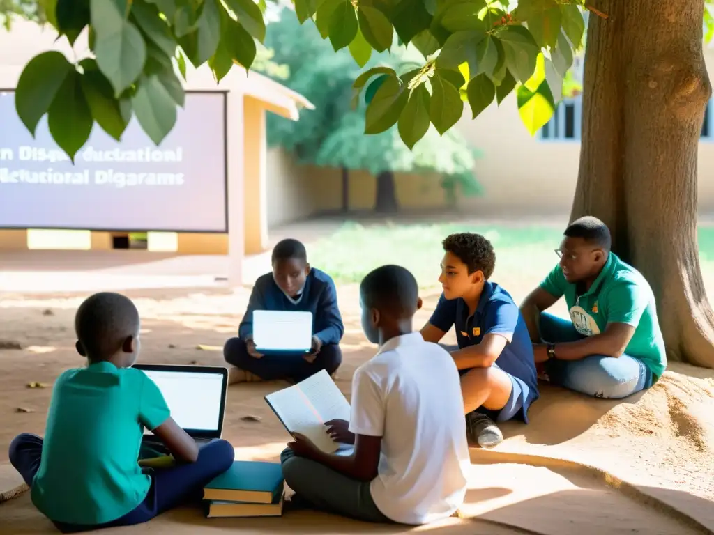 Estudiantes desplazados participan en programas educativos a distancia, bajo un árbol, rodeados de libros y tecnología