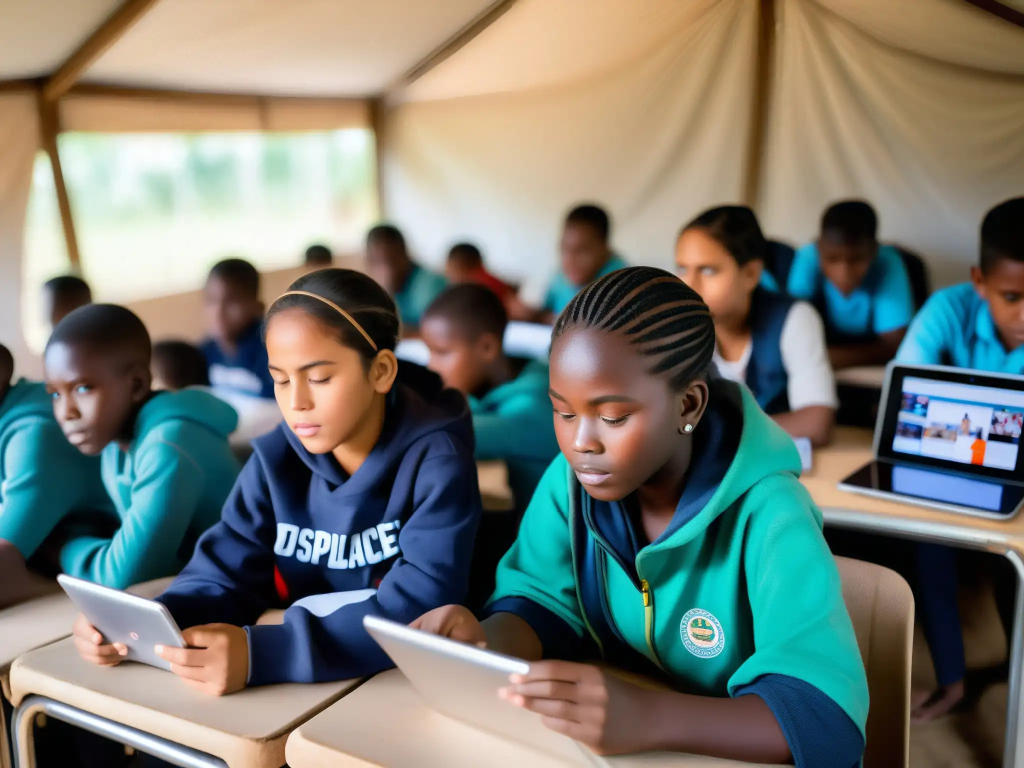 Estudiantes desplazados usan tecnología en aula temporal, reflejando determinación y esperanza en medio de desplazamiento forzado