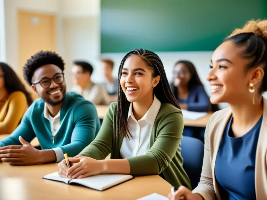 Estudiantes diversos participando en una discusión animada en un aula universitaria, reflejando equidad en acceso a educación superior