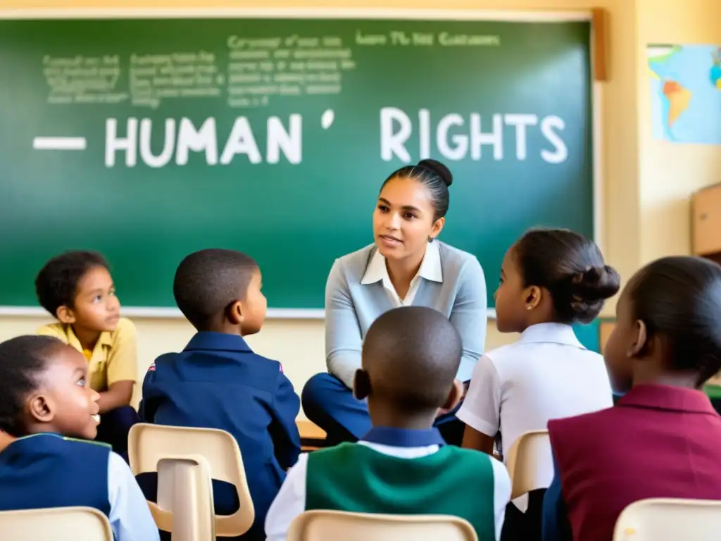 Estudiantes participan en una discusión sobre derechos humanos en un aula acogedora con carteles educativos