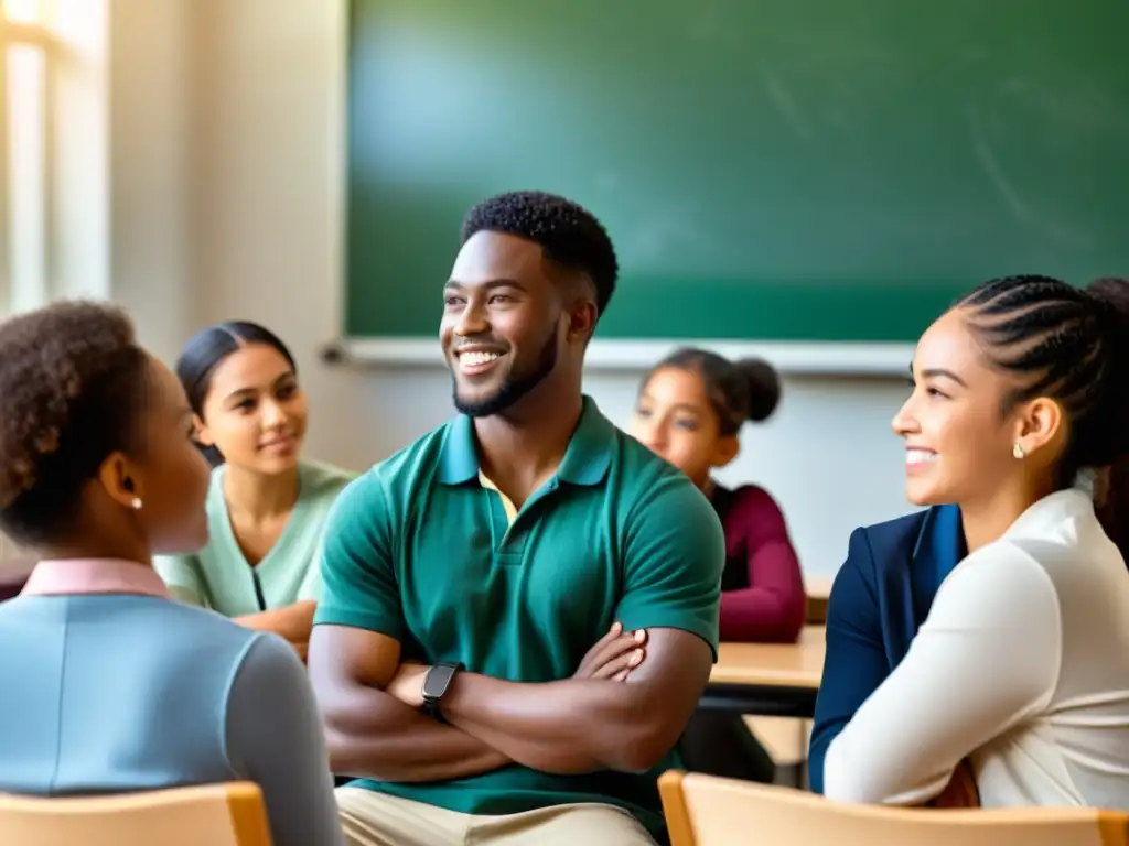 Estudiantes diversos participan en una discusión respetuosa en un aula, promoviendo la educación para disminuir discriminación racial